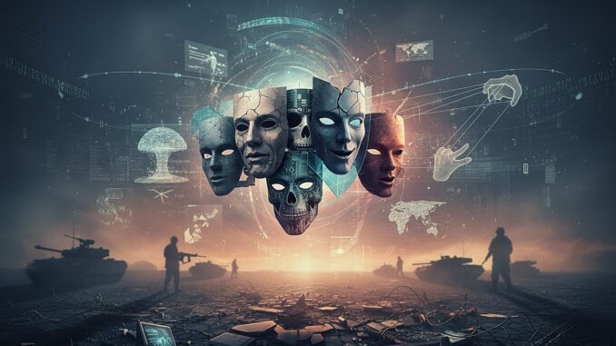 Un collage digitale surreale ritrae un paesaggio devastato dalla guerra con elementi militari affiancati a maschere fluttuanti e grafiche digitali astratte. L'immagine unisce temi di conflitto, tecnologia e simbolismo.