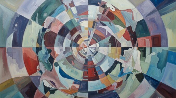 Questa opera d'arte digitale astratta raffigura un motivo radiale con forme geometriche che si intersecano e profili umani frammentati. L'opera utilizza una palette di tonalità terrose smorzate e colori freddi per creare una sensazione di profondità e connessione.