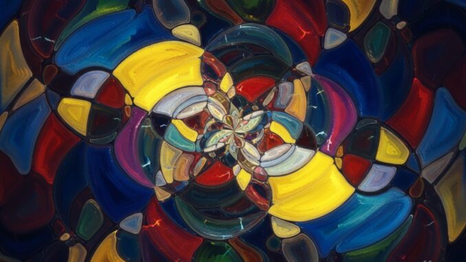 Un'immagine astratta e colorata presenta un motivo a spirale di forme simili a mosaici. I colori includono giallo, blu, rosso, verde e viola, creando un effetto vibrante simile a vetri colorati.