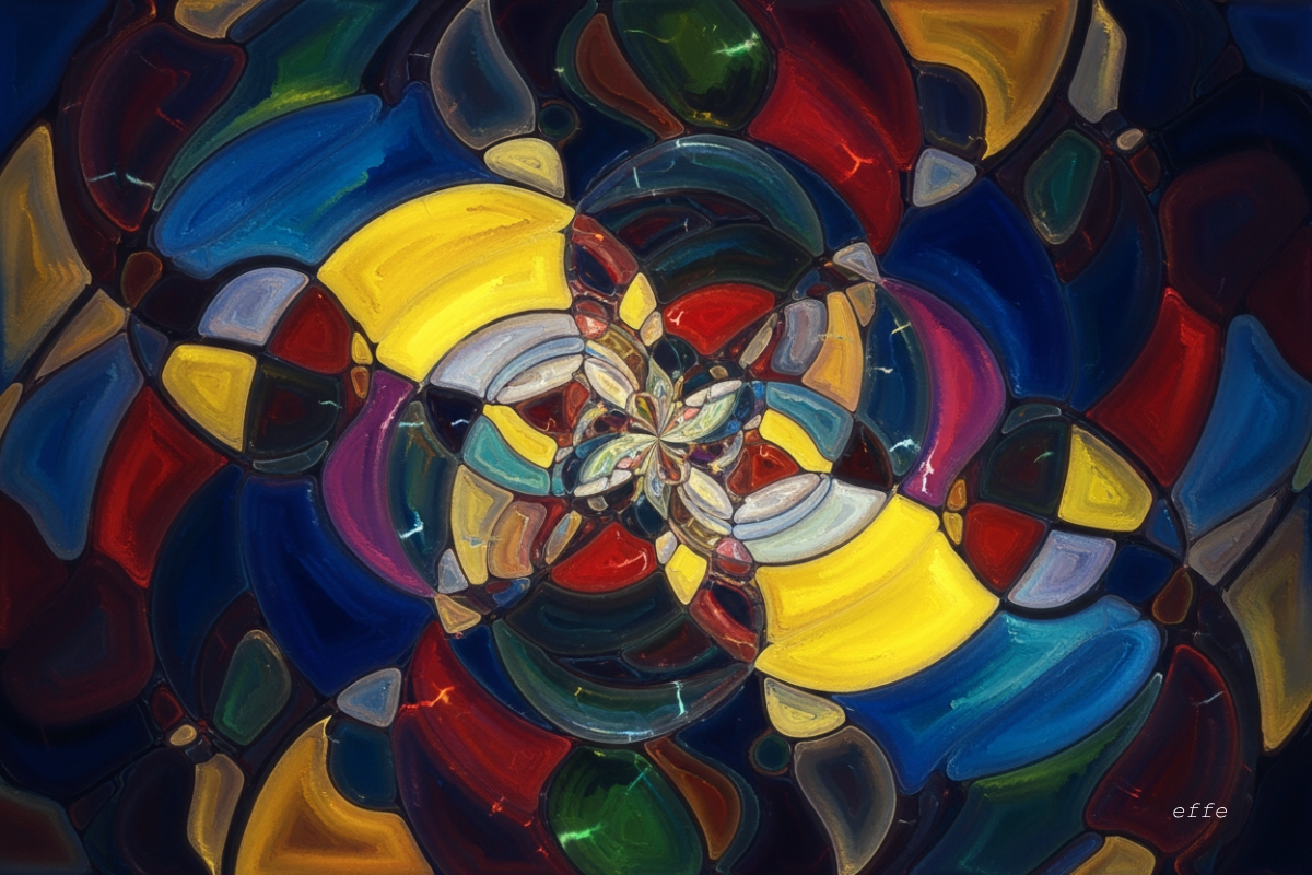 Un'immagine astratta e colorata presenta un motivo a spirale di forme simili a mosaici. I colori includono giallo, blu, rosso, verde e viola, creando un effetto vibrante simile a vetri colorati.