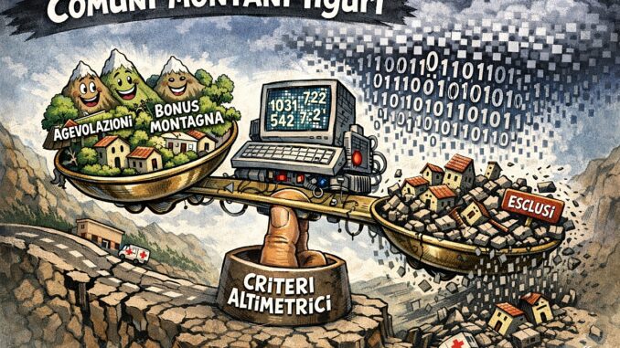 Vignetta satirica orizzontale: una bilancia sostenuta dai “criteri altimetrici” favorisce montagne con agevolazioni mentre paesi esclusi crollano tra macerie e numeri digitali.