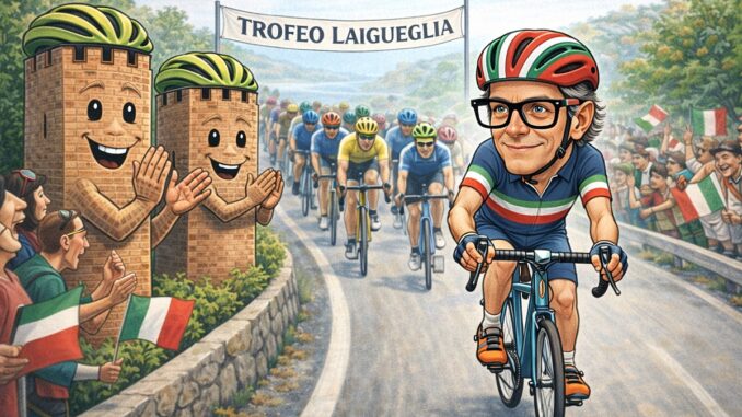 Vignetta satirica di Riccardo Tomatis che guida la corsa ciclistica del Trofeo Laigueglia, seguito dai corridori, con due torri di Albenga che applaudono lungo il percorso