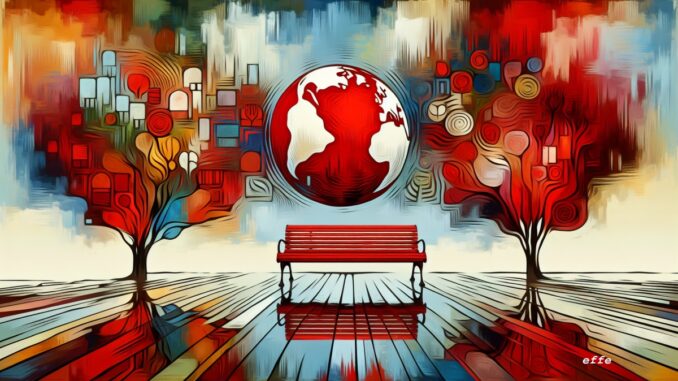 Composizione d'arte digitale Panchina rossa contro la violenza sulle donne e la violenza di genere - fantasia effe