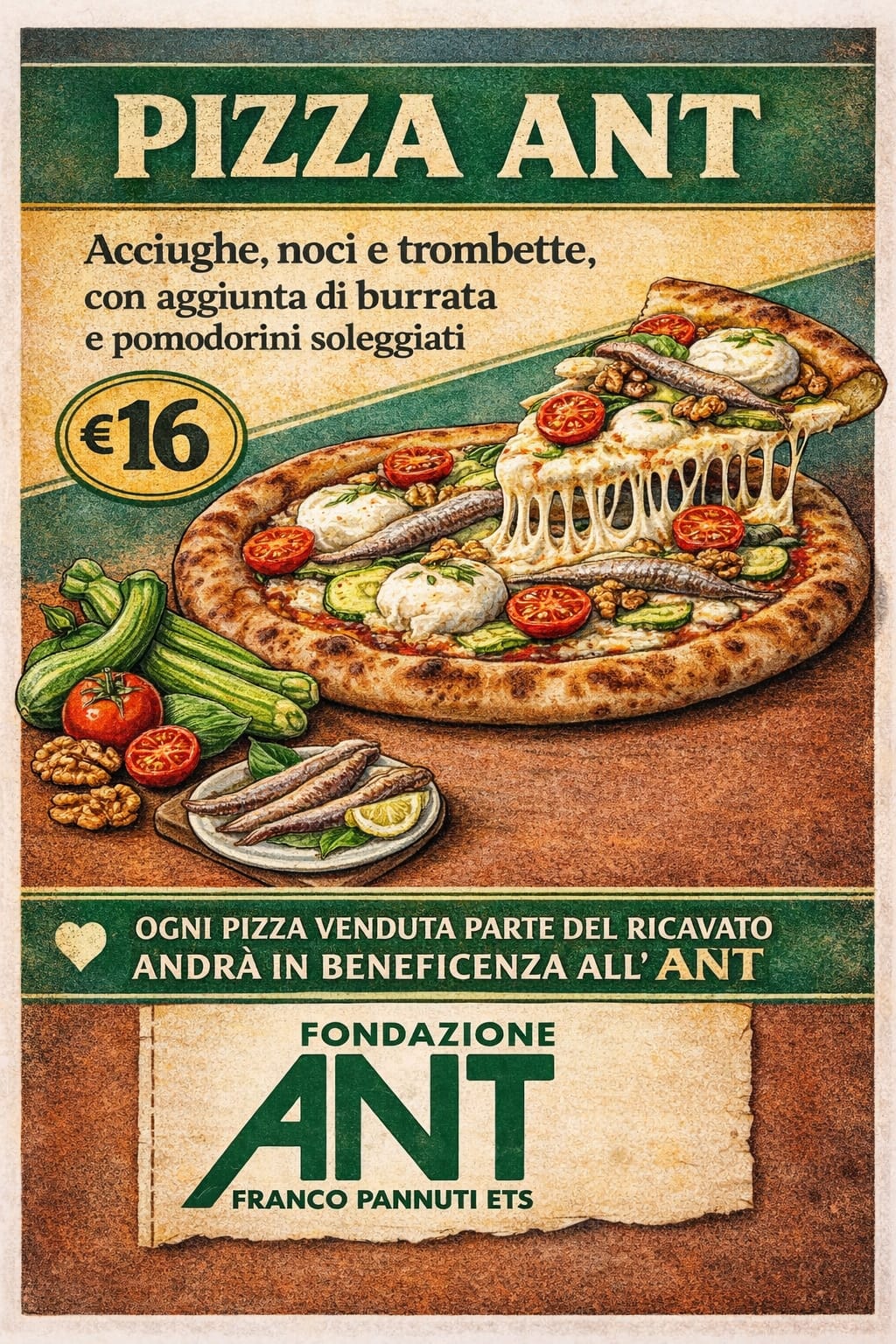 Un manifesto della pizza Ant con gli ingredienti e il logo dell'associazione