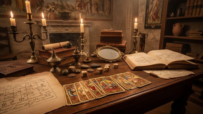 In uno studio, illuminato da candelabri, un tavolo con libri antichi, tarocchi e oggetti vari a tema divinatorio